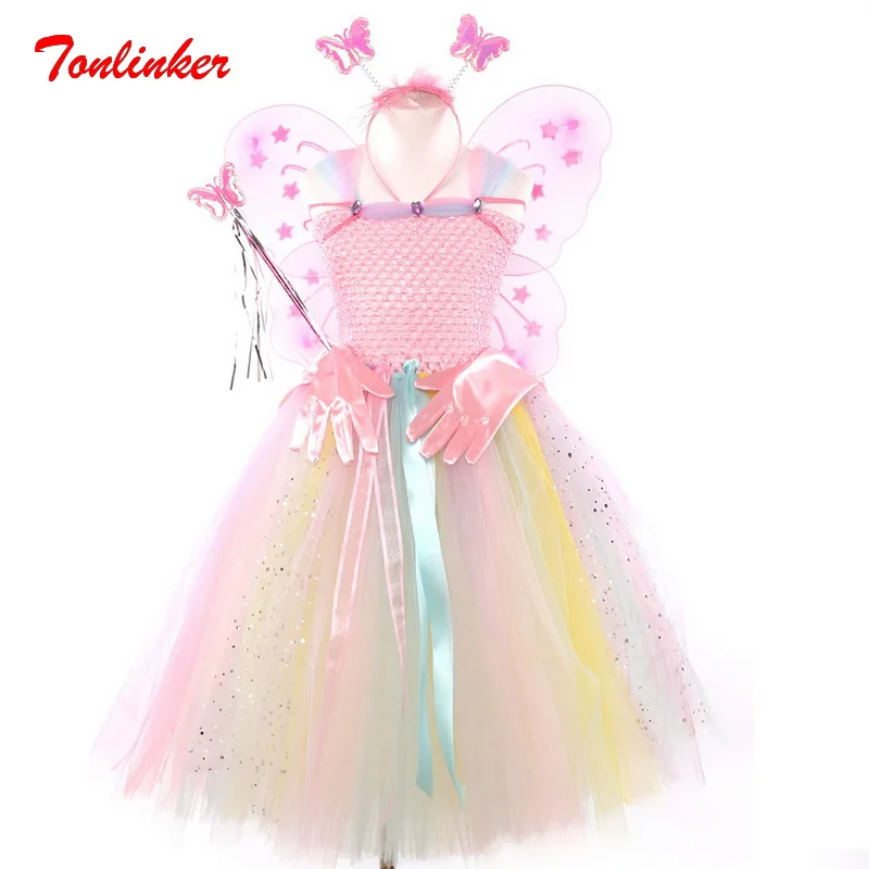 Радужная пачка из тюля, костюмы, повязка на голову, перчатки с крыльями бабочки, волшебная палочка, комплект из 4 предметов, Детские вечерние платья принцессы на Хэллоуин