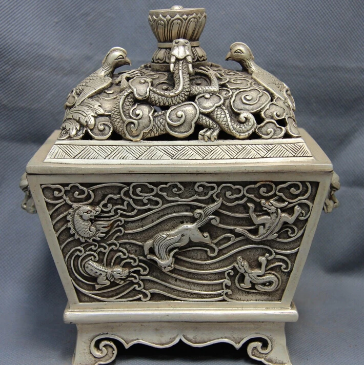 

Tibet Monastery White Copper Silver Dragon Bird Beast Jar Censer incense burner