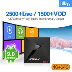 IPTV Швеция Италия Великобритания Германия IUDTV A5X Max + Android 9,0 4G + 64G, Bluetooth, Dual-Band WI-FI Испания код IPTV 1 год IPTV подписка