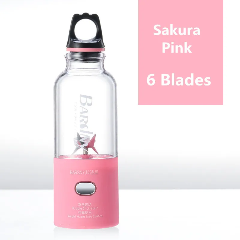 Sakura Pink Портативная соковыжималка, 6 лезвий, крушение льда, 500 мл, мини электрический USB Перезаряжаемый блендер, шейкер, соковыжималка, фруктовый апельсиновый экстрактор - Цвет: Sakura Pink