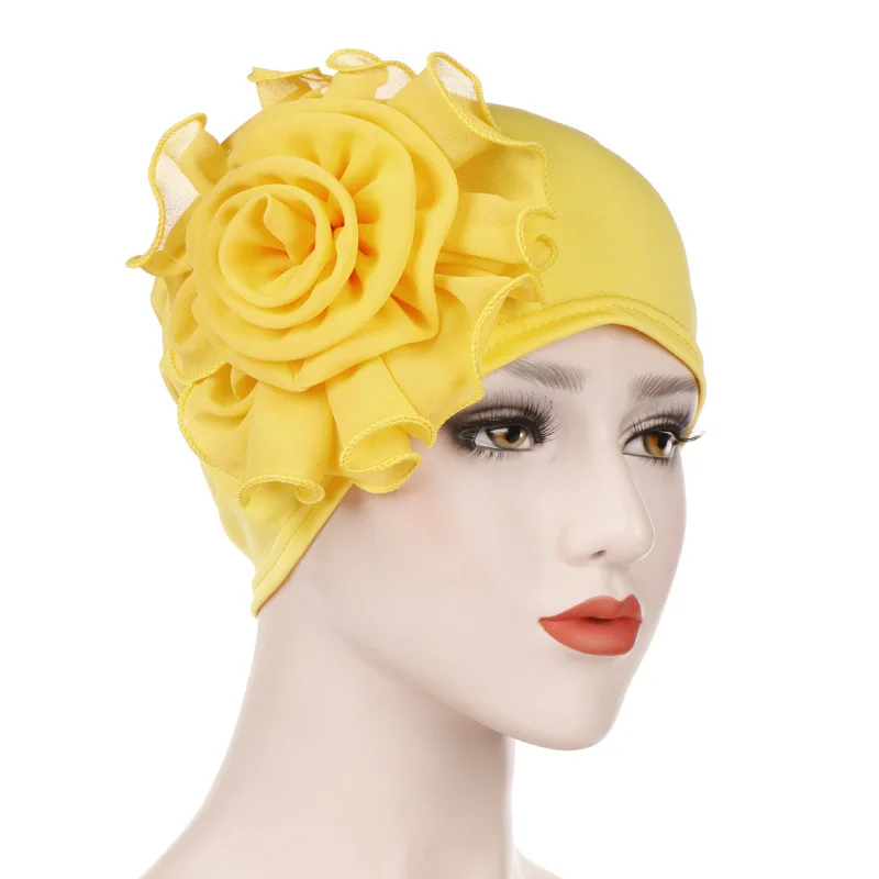 Женские эластичные шапочки с большой цветочной головкой шапочка из хлопка Дамские выпадения волос Африканский тюрбан Boho Аксессуары для волос мусульманский шарф - Цвет: Yellow