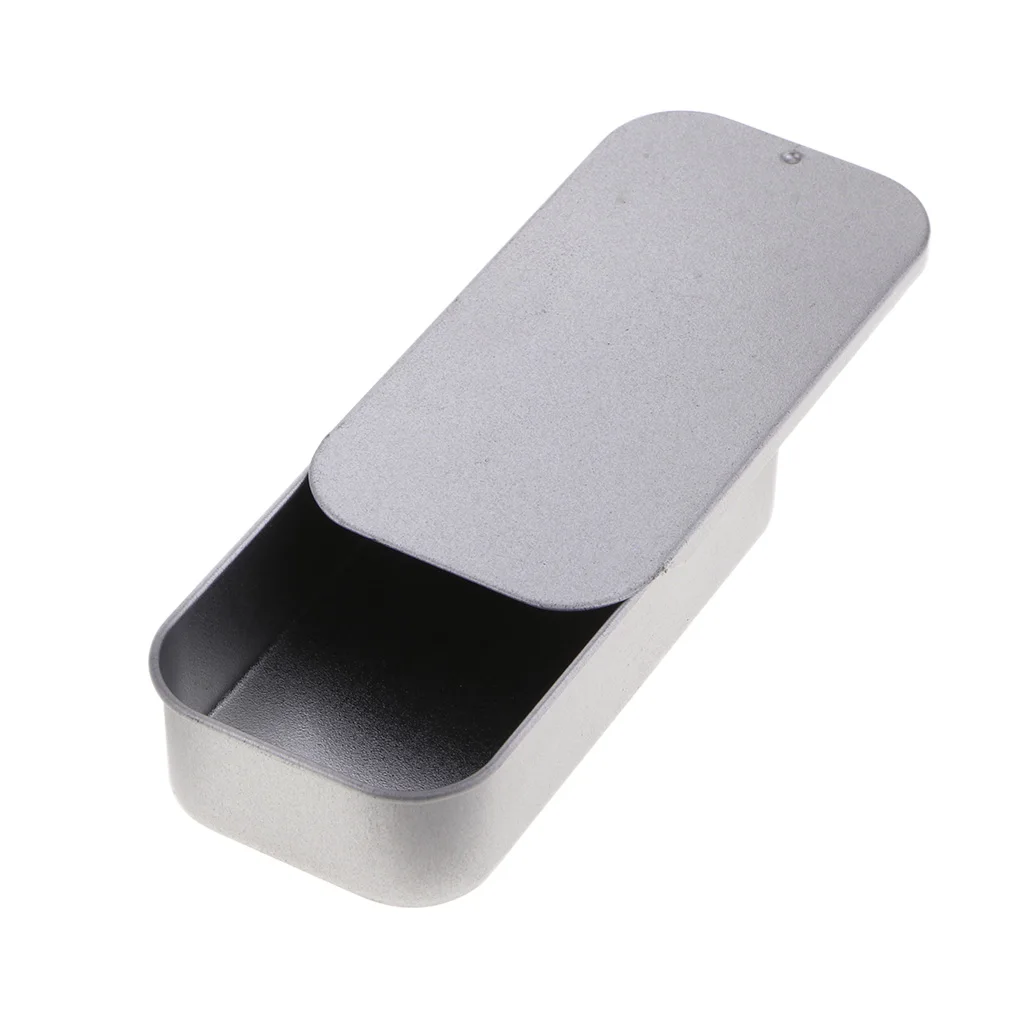 Empty Silver Rectangle Metal Tin with Slide Top, Flat Storage Refillable Containers for Crafts, Pills, Geocaching, Survival Kit