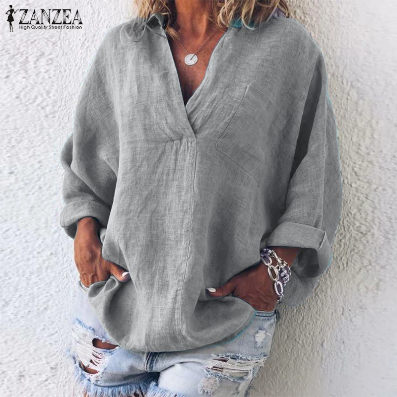 

ZANZEA Autumn Long Sleeve Shirt Women Elegant V Neck Summer Blouse Casual Lapel Tunic Tops Femme Chemise Loose Work Solid Blusas