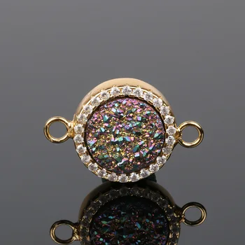 

HanKun Plated Color Natural Druzy Agates Stone Bead Micro Paved Zircon Connector 10mm