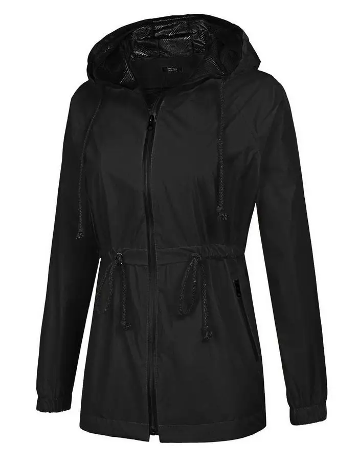 Hooded Lightweight Waterproof Black Navy Long Casual Raincoat Blue Sleeve Rain Zipper Regular Jacket Women Yellow Solid