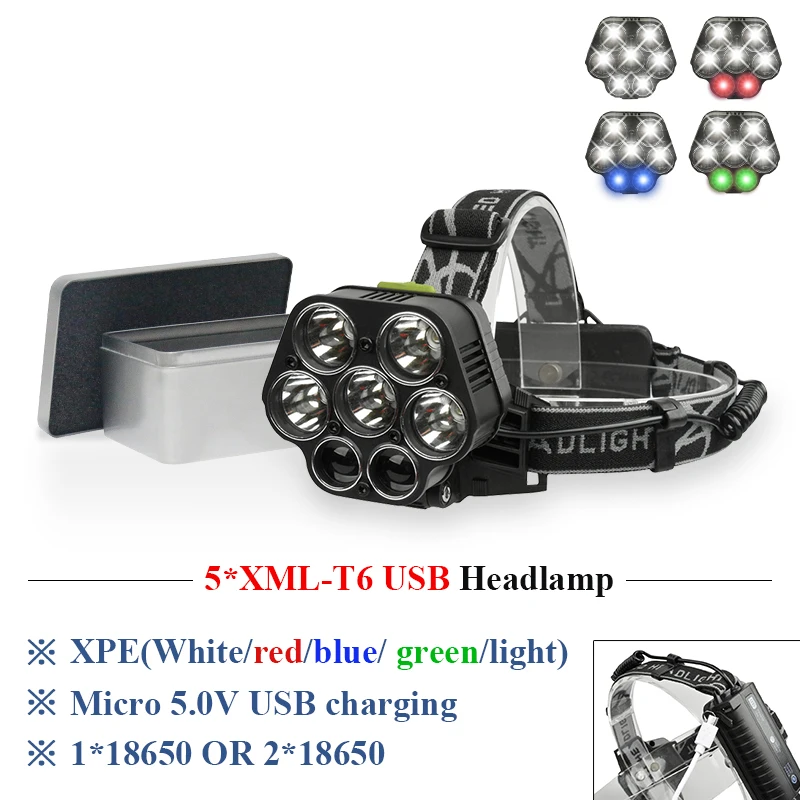 7LED super power headlight cree xml t6 headlamp red white usb waterproof fishing camping head torch use 18650 battery | Лампы и