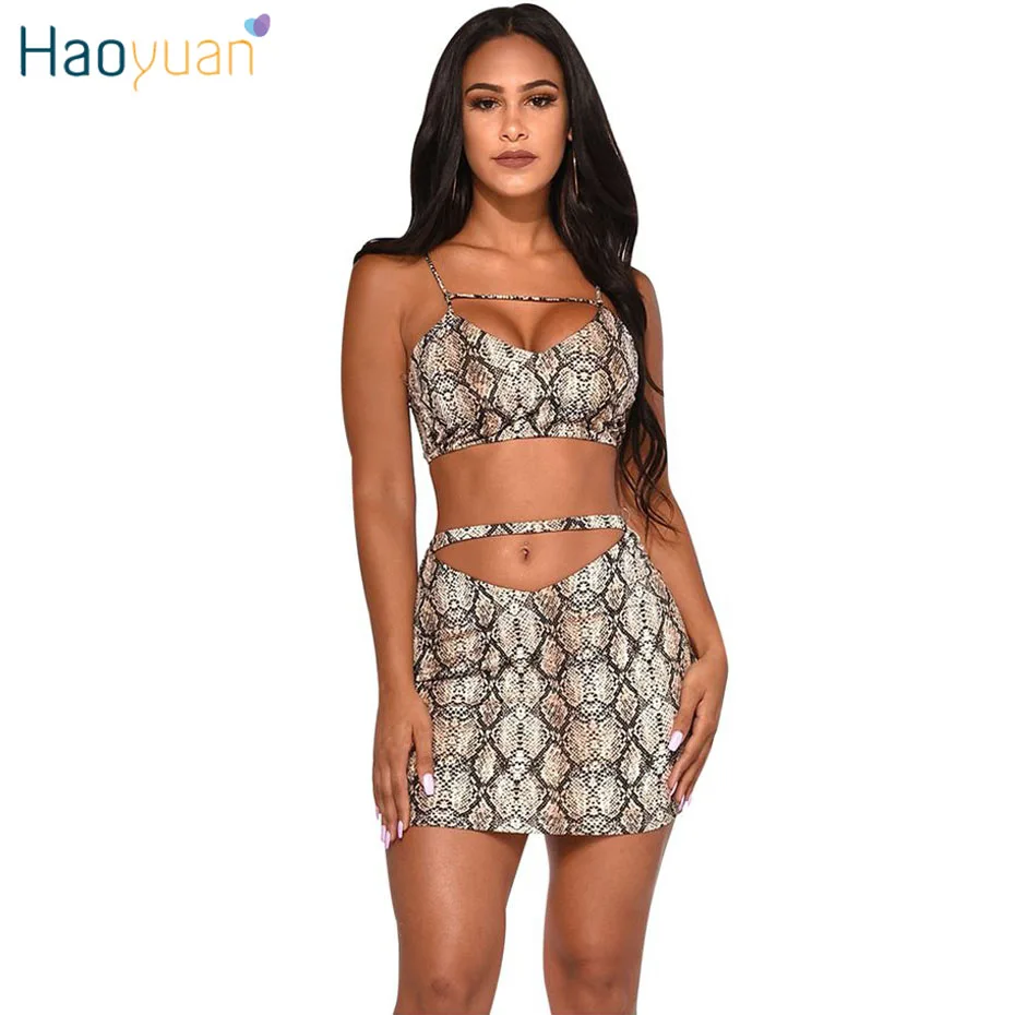 

HAOYUAN Snake Print 2 Piece Outfits for Women Festival Summer Clothes Crop Top+Mini Skirts Suit Sexy Club Two Pcs Matching Sets