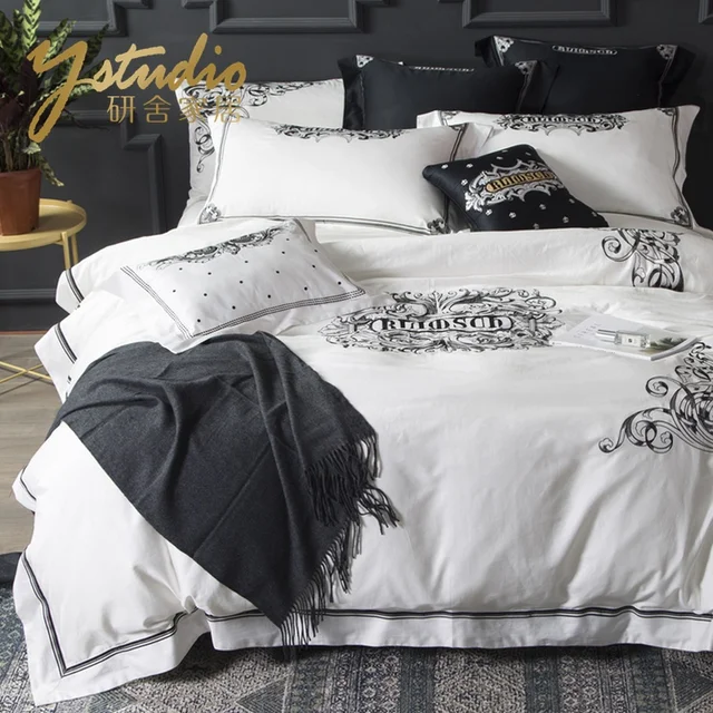 4 pcs bedding sets Classical black white Retro embroidery bedding set bed linen duvet cover