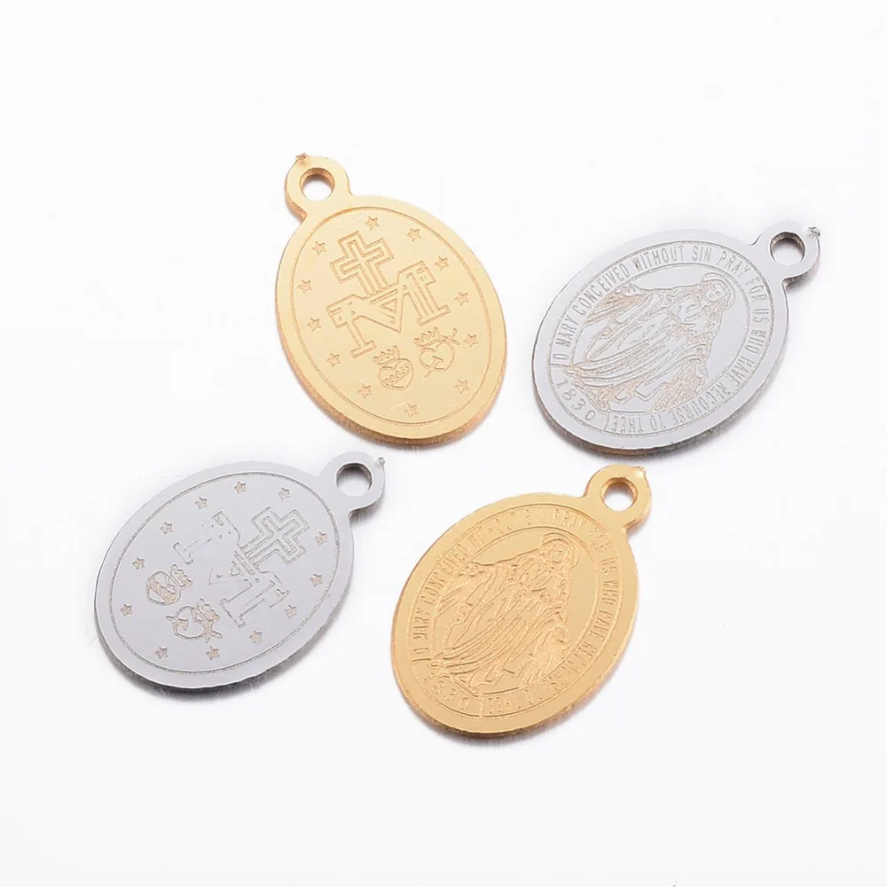

PandaHall 100pc 304 Stainless Steel Metal Jewelry Making Material Golden Necklace Pendant Charm Oval with Virgin Mary 14x9x0.8mm
