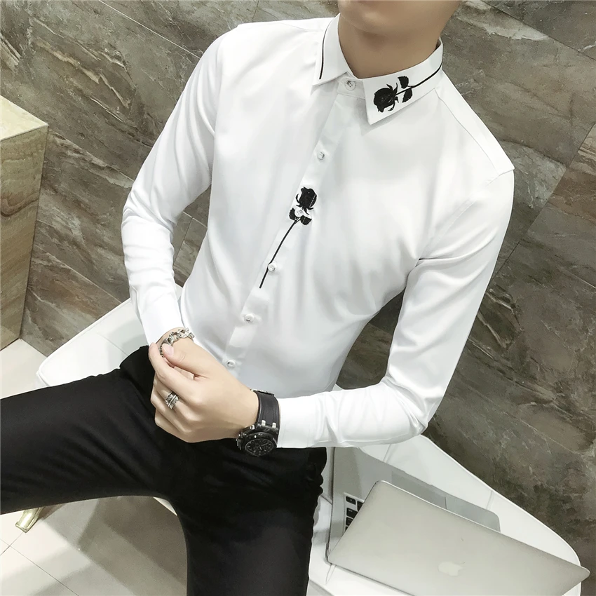 Новая мужская рубашка с длинным рукавом и вышивкой, модные вечерние рубашки с украшением в виде роз, размер S M L XL 2XL 3XL