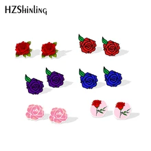New Rose Acrylic Earring Red Pink Blue Rose Resin Earrings Romantic Art Flowers Shrinky Dinks Earring Love Epoxy Stud Ear