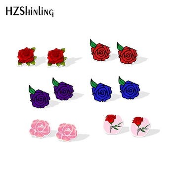 

2019 New Rose Acrylic Earring Red Pink Blue Rose Resin Earrings Romantic Art Flowers Shrinky Dinks Earring Love Epoxy Stud Ear