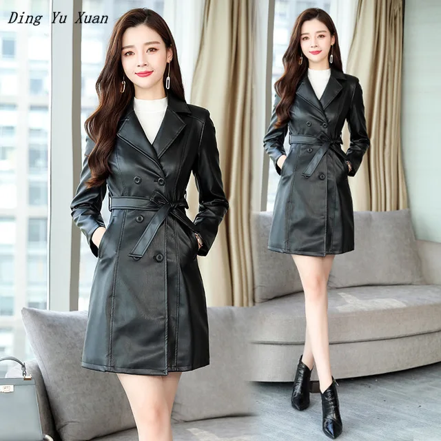 

Womens Double Breasted Pu Leather Blazer Black Burgundy Faux Leather Trench Coat for Women Slim Fit Long Windbreaker with Sashes