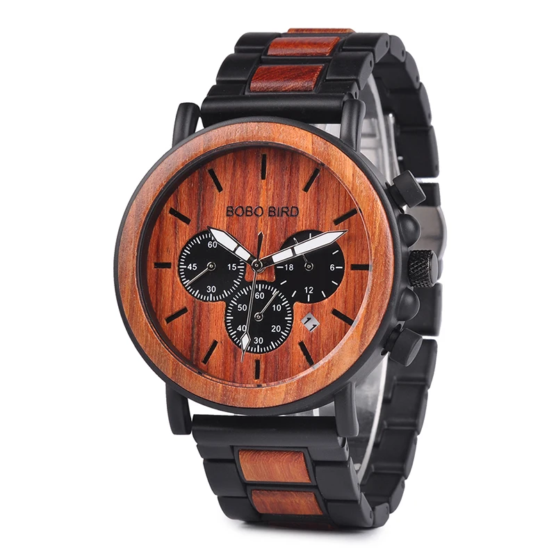BOBO BIRD Wood Watches Men Stopwatch relojes hombre Show Date Wooden Wristwatch Male Timepieces In Gift Box
