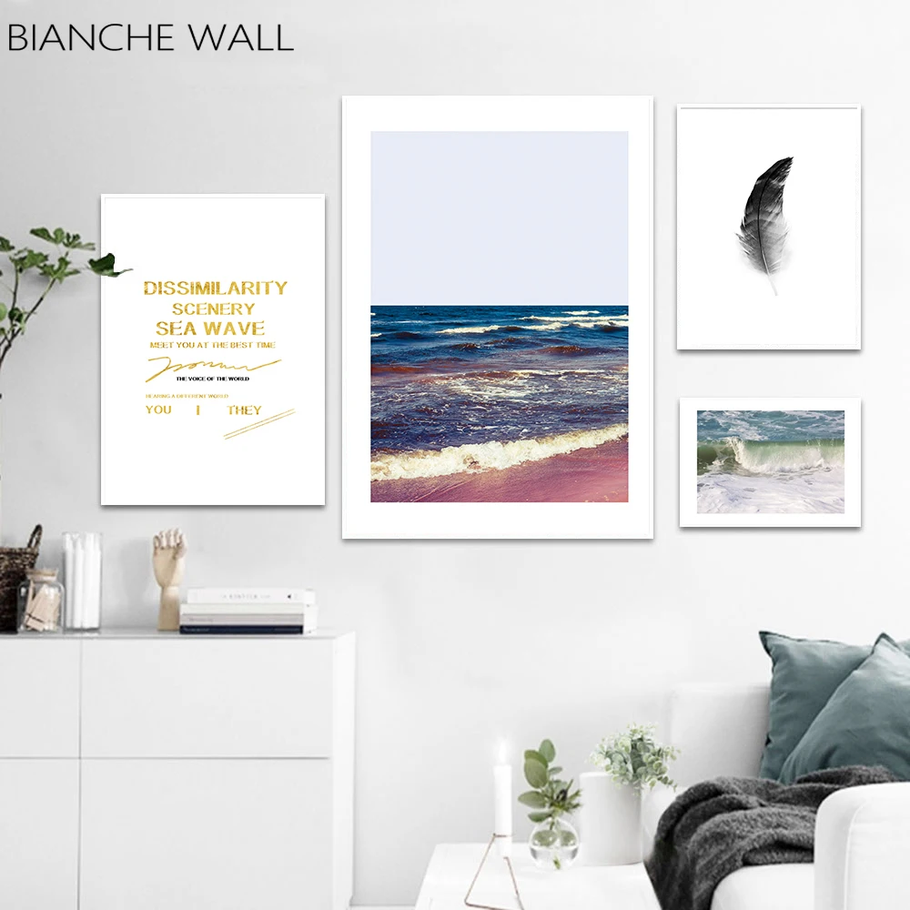 

BIANCHE WALL Nordic art Sea Wave Feather Landscape Canvas Wall Art Poster Nature Print Painting Decorative Picture Decoration