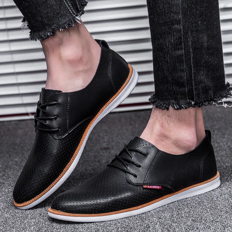 

Men casual shoes 2018 new trend lace-up solid colors white black platform shoes for men hollow out breathable leather shoes men