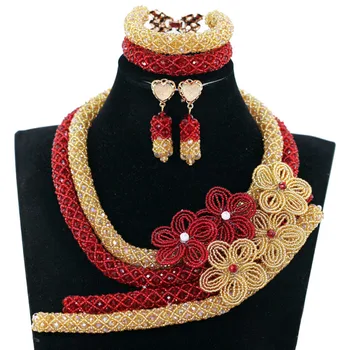 

Amazing Wine Red Gold Flower Bib Wedding African Jewelry Sets Chunky Crystal Costume Women Bride Jewelry Set Free Shipping WE105