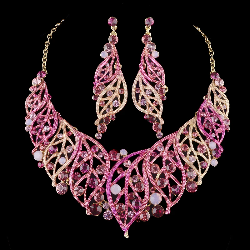Buy Top quality pink leaf flower jewelry sets bridal