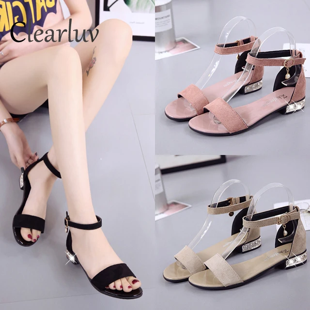 

2019 summer new fish mouth low heel pearl casual women's shoes suede comfortable non-slip gladiator sandals C1363