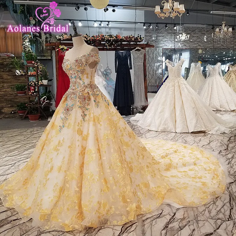 Aolanes 2018 Gold Lace Sweetheart Wedding Dresses Royal Train China Bridal Gown Backless Off The Shoulder Vestido De Noiva | Свадьбы и