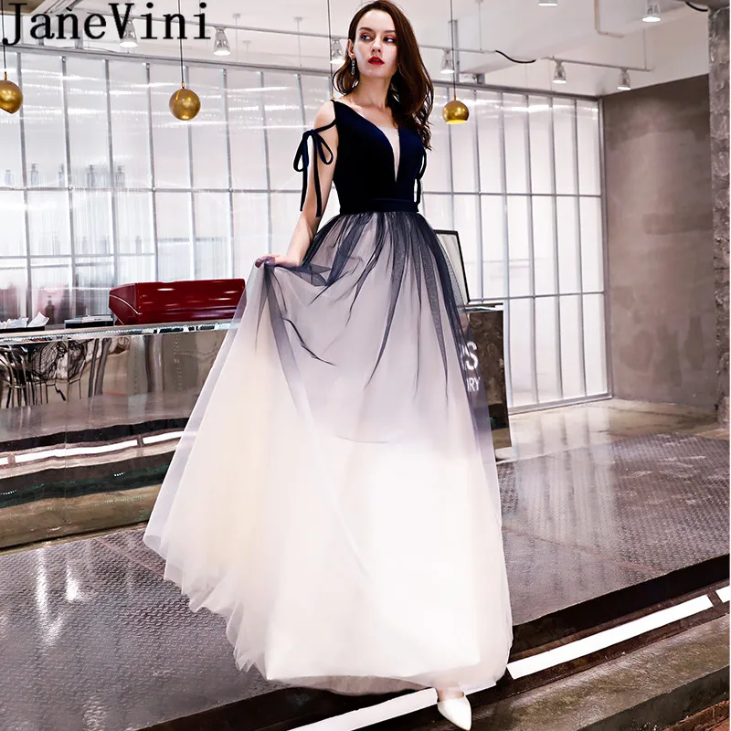 

JaneVini Vestidos Dama Gradient Tulle Bridesmaid Dresses 2018 V Neck Velvet Top Ladies Long Dress for Wedding Party for Woman