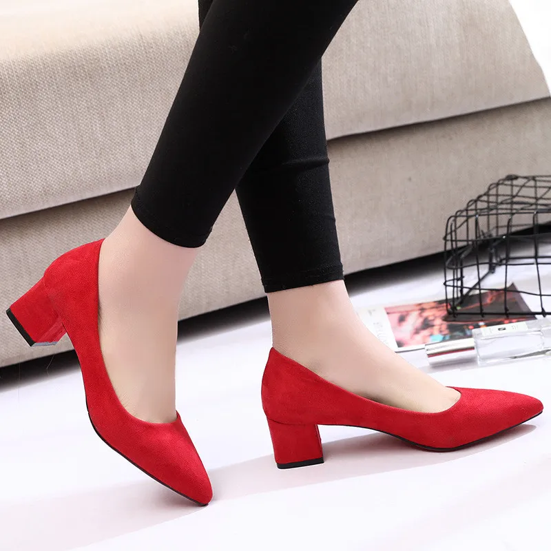 DRFARGO Women Worker Shoes 5cm Block Mid High Heels Classic Sexy Pointed Toe Flock Shallow Slip on Pink Red Black Grey SHOES