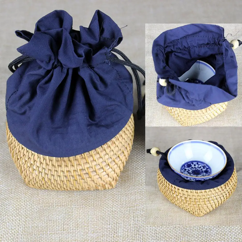 

Latest Vietnamese Style Rattan Teacup Drawstring Teacup Storage Box Handmade Rattan Vine Woven Bamboo Box Portable Cup Bag