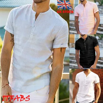 

2019 Men's Linen Short Sleeve Summer Solid Shirts Casual Loose Soft Tops Tee Plus Size 3XL Solid Color Comfortable Men's Shirt