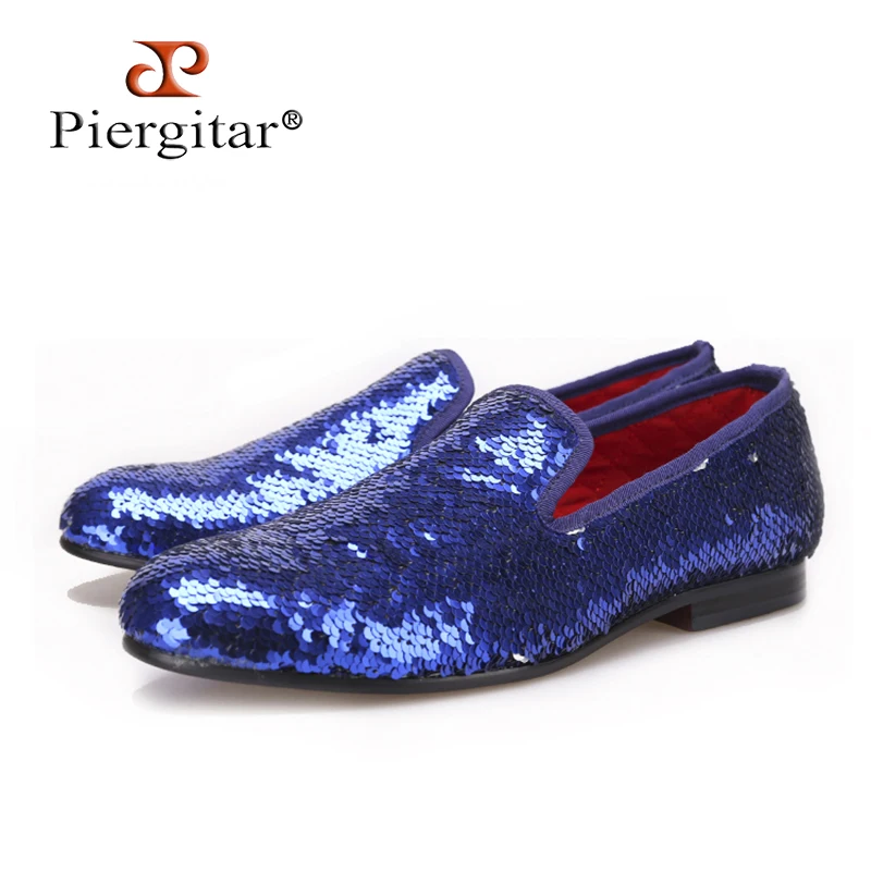

PIERGITAR Luxury Evening Party Blue Beads Men's Handmade Loafers Wedding and Prom men smoking slippers big size male flats