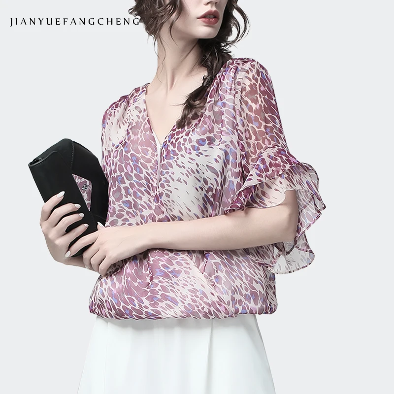 

2019 Summer Women Purple Leopard Chiffon Blouse V-Neck Flying Short Sleeve Ruffle Tops Loose Plus Size Street wear Woman Blouses