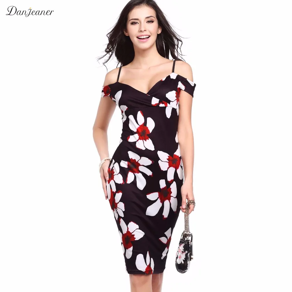 

Danjeaner Sexy Strapless High Waist Floral Printed Stretch Pencil Dress Women Elegant Slim Fit Knee-length Party Dress Vestidos