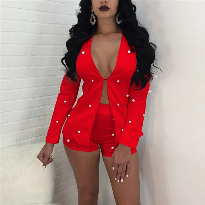 

Pearls Accent Women Office Business Suits Cardigan Blazer Coat And Shorts Slim Full Sleeve Two Piece Set Club Wear Outfits