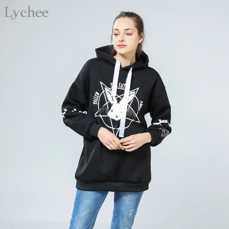 

Lychee Harajuku Lolita Style Women Sweatshirt Rabbit Pentacle Print Lace Up Hoodies Casual Loose Long Sleeve Tracksuit
