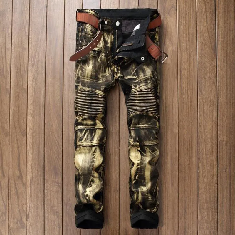 Brand Designer Mens Biker Jean Trousers Hi Street Slim Fit Painted Denim Joggers Male Straight Pleated