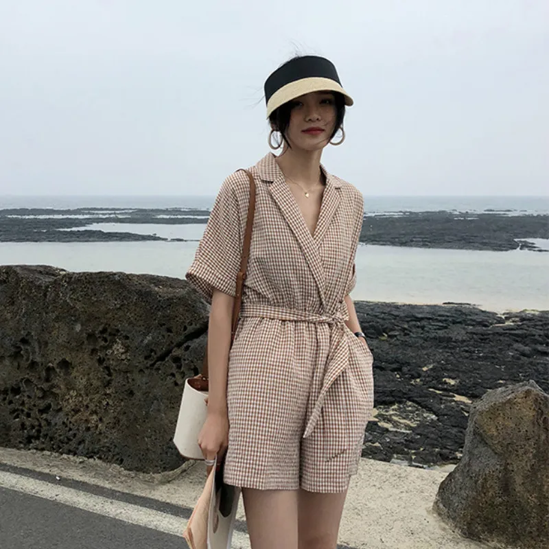 2019 Summer New Retro Style Simple Fashion Shorts Suit Collar Plaid Casual Jumpsuit Plus Size Bandage Jumpsuit