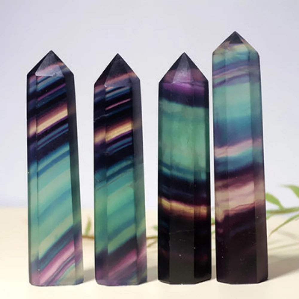 

Natural Rainbow Fluorite Healing Quartz Crystal Point Wand Faceted Prism Carved Reiki Stone Figurine Home Decoration Gift
