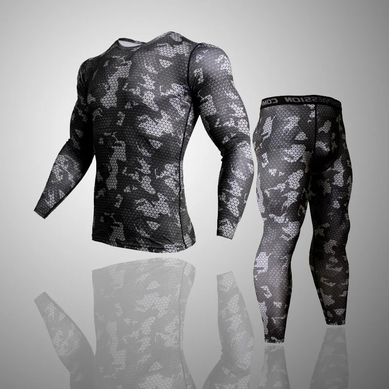 الرجال الملابس Rashgarda MMA طويل الأكمام تي شيرت + طماق 2 قطعة رياضية الرجال اللياقة البدنية ملابس رياضية التمويه المسار الحقل 3XL