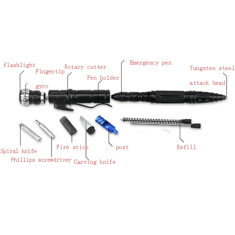 Портативный многофункциональный инструмент, тактическая ручка, Вольфрамовая сталь, светодиодный фонарик, для самозащиты, стекло, сломанная ручка, для спорта на открытом воздухе, набор для выживания DZB014