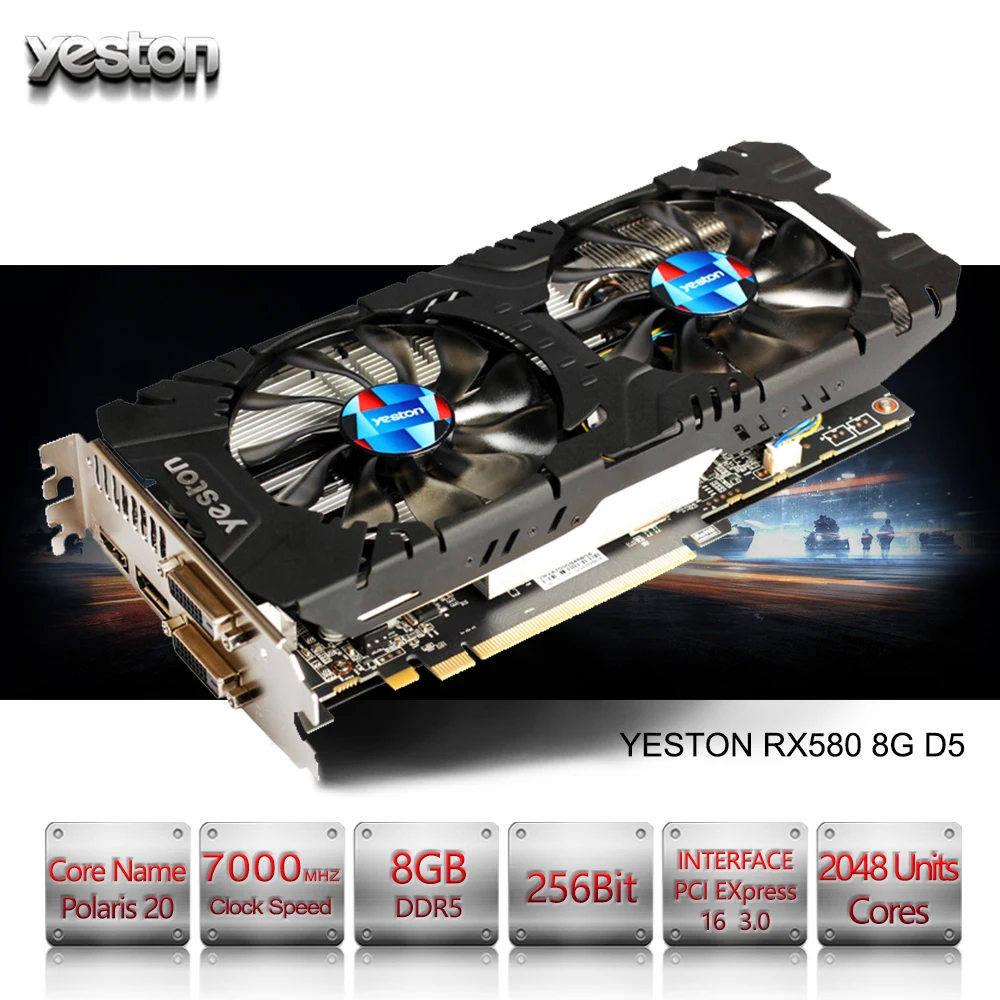 Yeston Radeon RX 580 GPU 8GB GDDR5 256bit Gaming Desktop computer PC