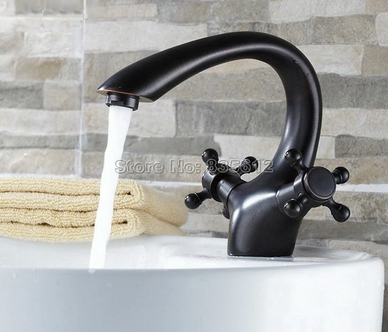 Black Oil Rubbed Bronze Gooseneck Style Bathroom Basin Faucet Deck Mounted / Dual Cross Handles Vessel Sink Mixer taps Wnf071 Black Oil Rubbed Bronze Gooseneck Style Bathroom Basin Faucet Deck Mounted / Dual Cross Handles Vessel Sink Mixer taps Wnf071