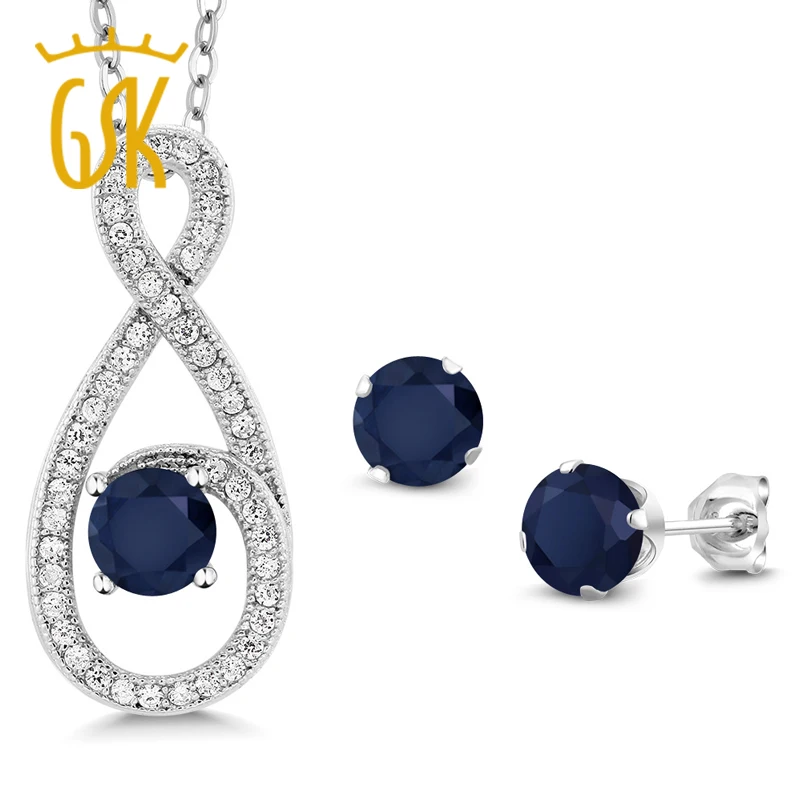 

GemStoneK ing 2.40 Ct Round Natural Blue Sapphire Pendant Earrings Set 925 Sterling Silver Jewelry Set For Women