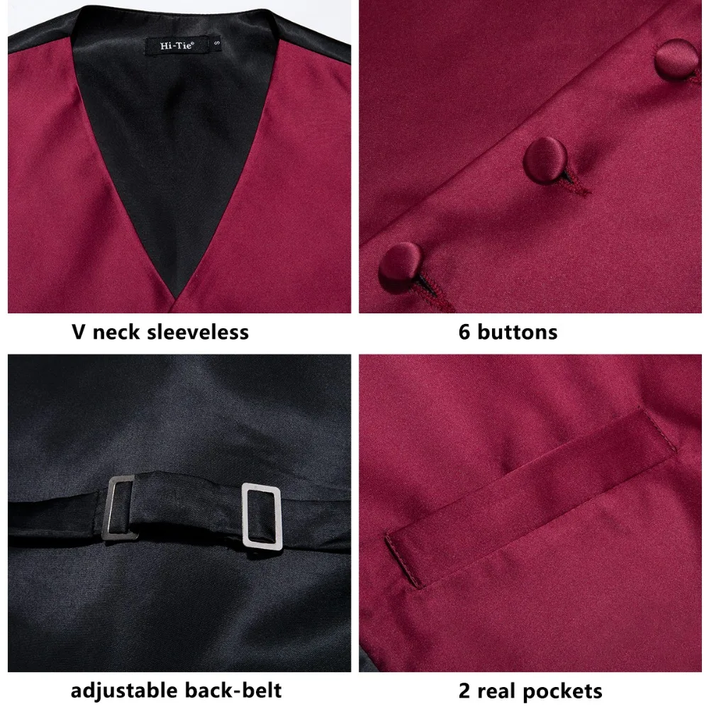 Hi-Tie High Quality Silk Men's Waistcoat Vest Tie Set Classic Party Wedding Red Vest Pocket Square Cufflinks Tie Suit Set VE-004