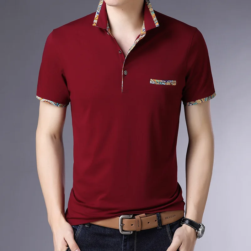  2019 summer new Polo shirt men's fashion classic casual stitching lace Polo Homme lapel cotton men'
