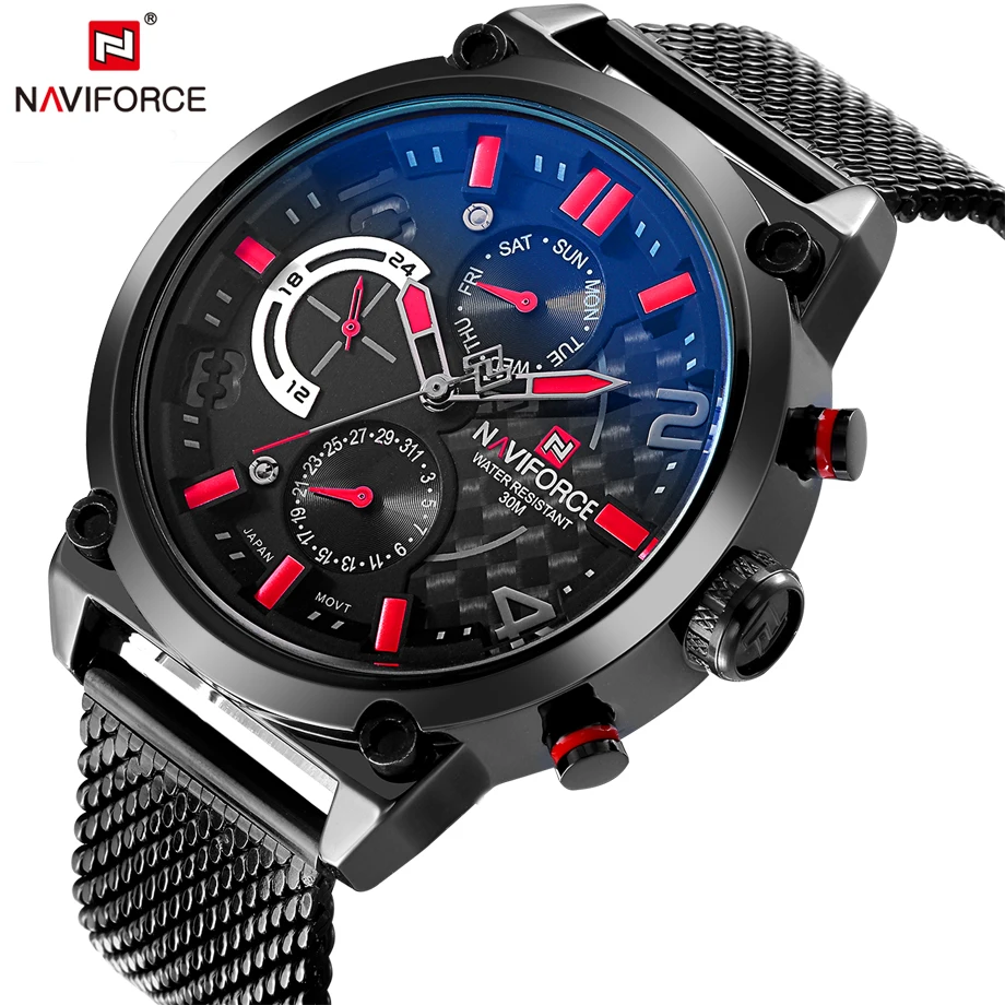 NAVIFORCE Brand Black Fashion Mesh Steel Mens Quartz Watch 24 Hour Date Clock Male Sport Military Wristwatches Relogio Masculino