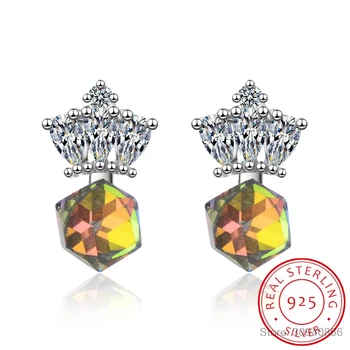 

Colourful Crystals Cube Stud Earrings 2019 Fashion 925 sterling silver Crown Zirconia Earring Party Jewelry Women Gift