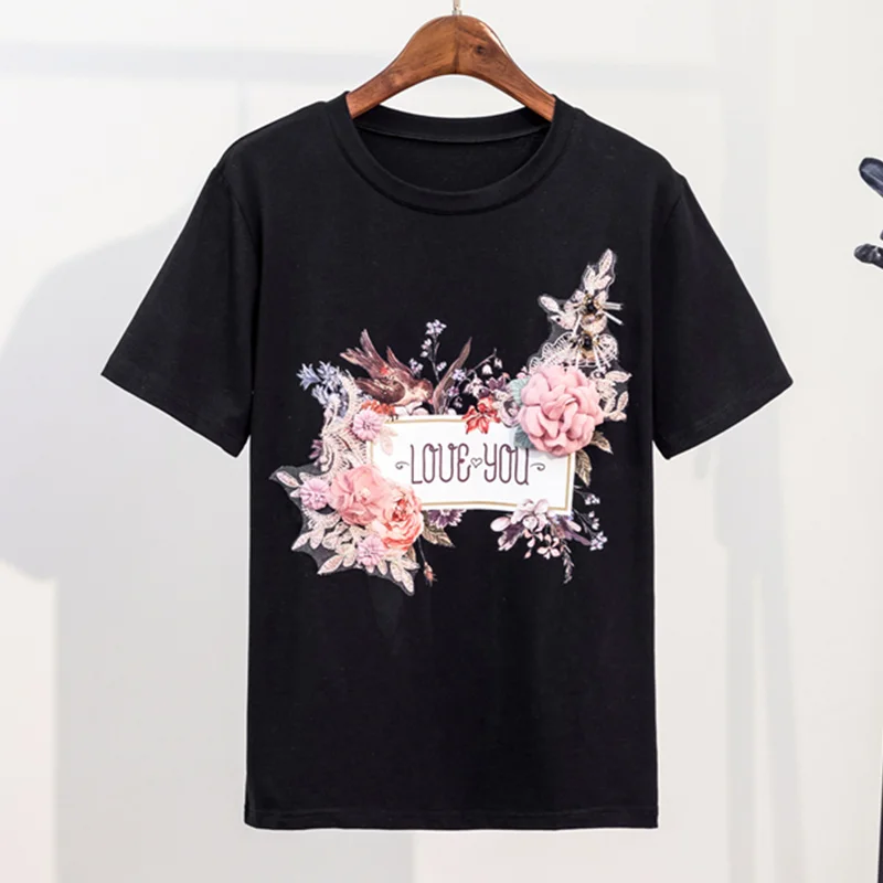 Женская футболка с 3D вышивкой, футболка с бисером, топы с круглым вырезом, коротким рукавом, аппликацией в виде цветка, женские футболки, весенне-Летняя женская одежда - Цвет: black