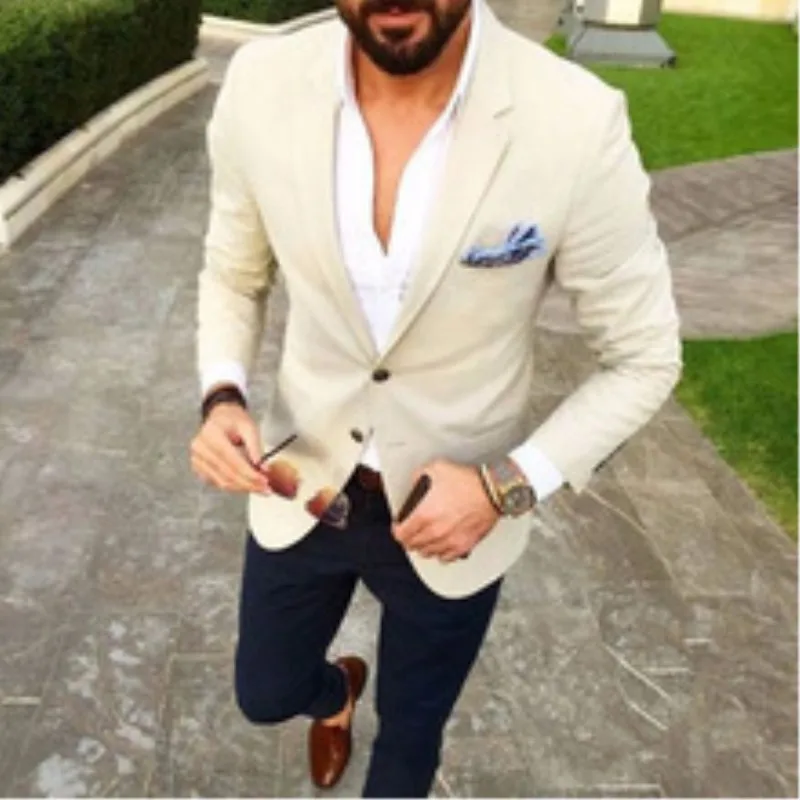 Men Suit Beige Blazer Navy Blue Pants 2 