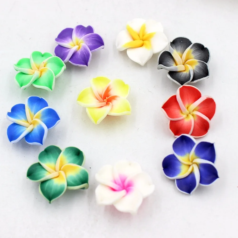

Free Shipping 6pcs/lot 20mm Mixed Colorful Polymer Clay Beads Flower/Plumeria rubra For Jewelry Making DIY
