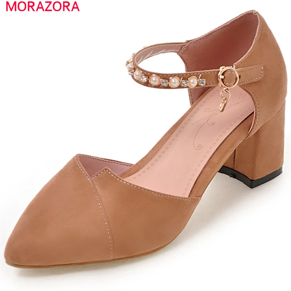 

MORAZORA spring summer 2018 pointed toe female pumps with buckle flock square heel wedding party shoes ladies shoes