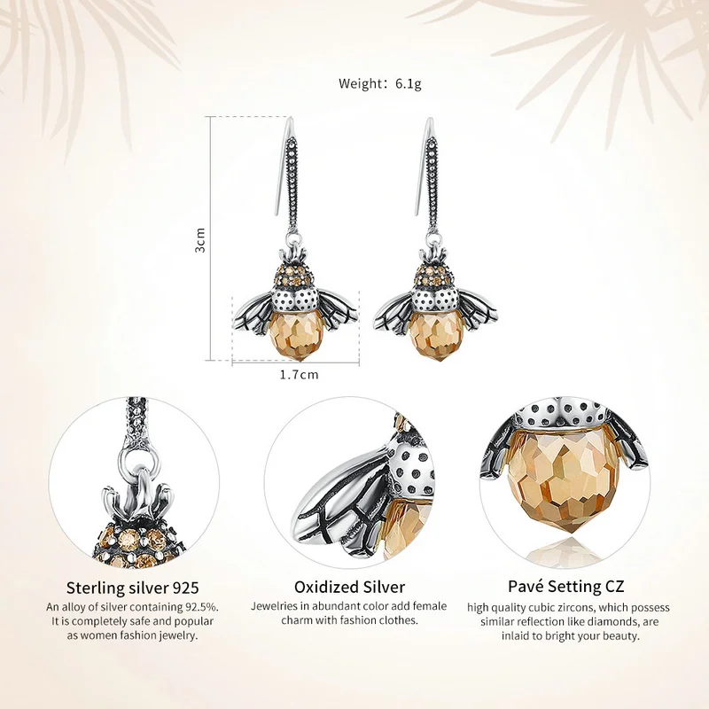 Женские серьги подвески в виде пчелы из серебра 100% пробы|earrings for|dropping earrings for womendrop